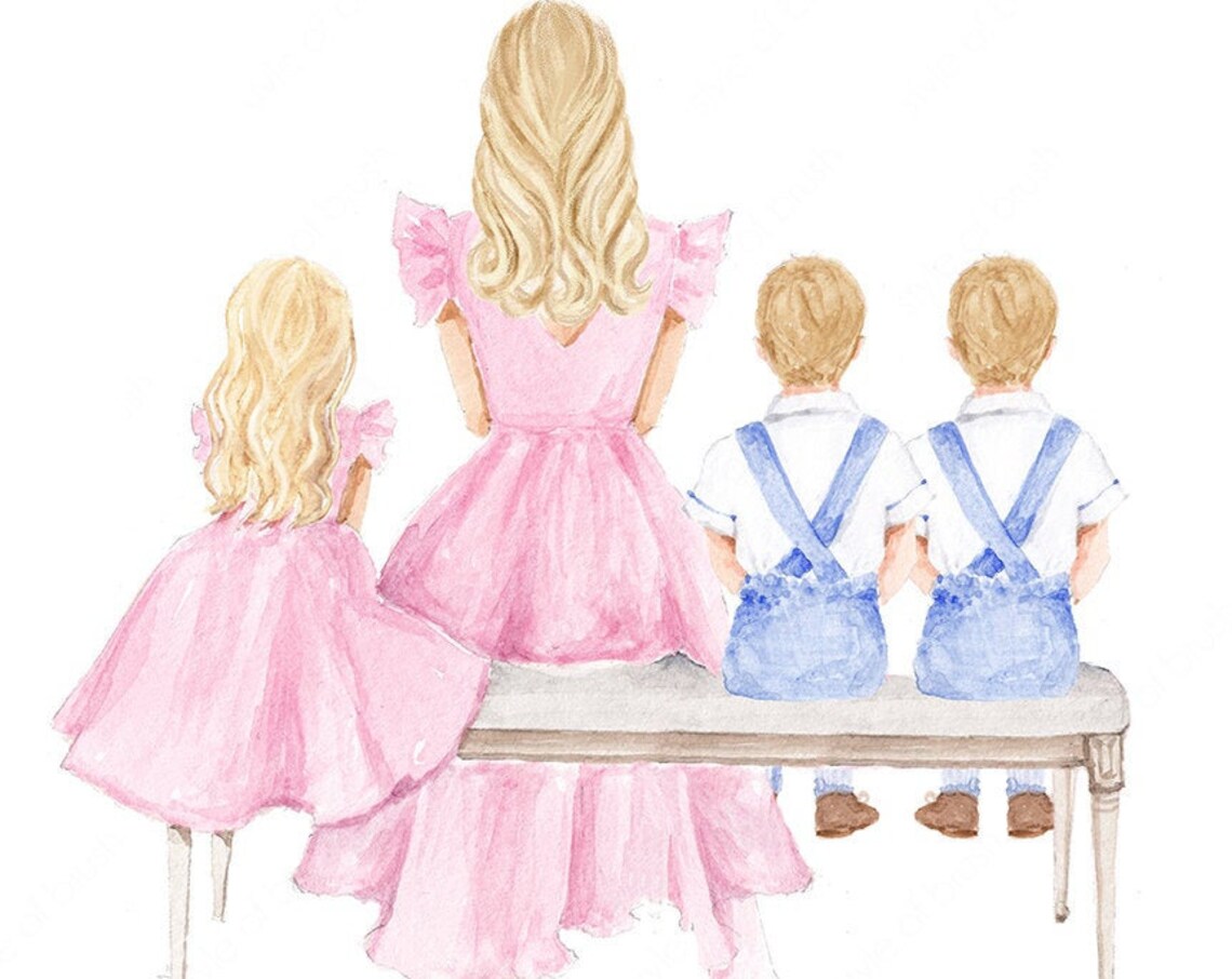Blonde Mother with Daughter and Two Sons in Pink and Denim Poster