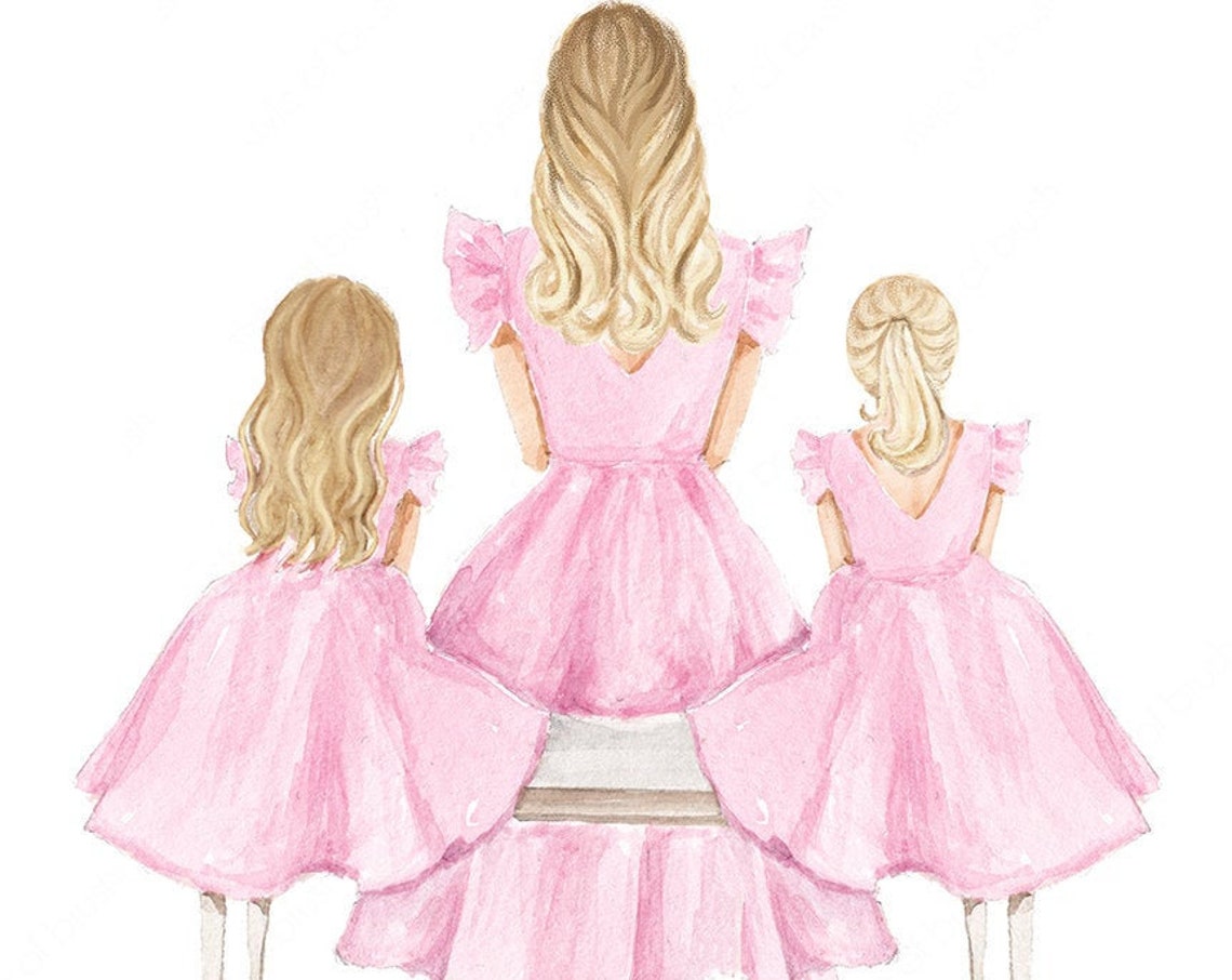 Mother with Two Daughters in Pink Dresses Seen from Behind Poster