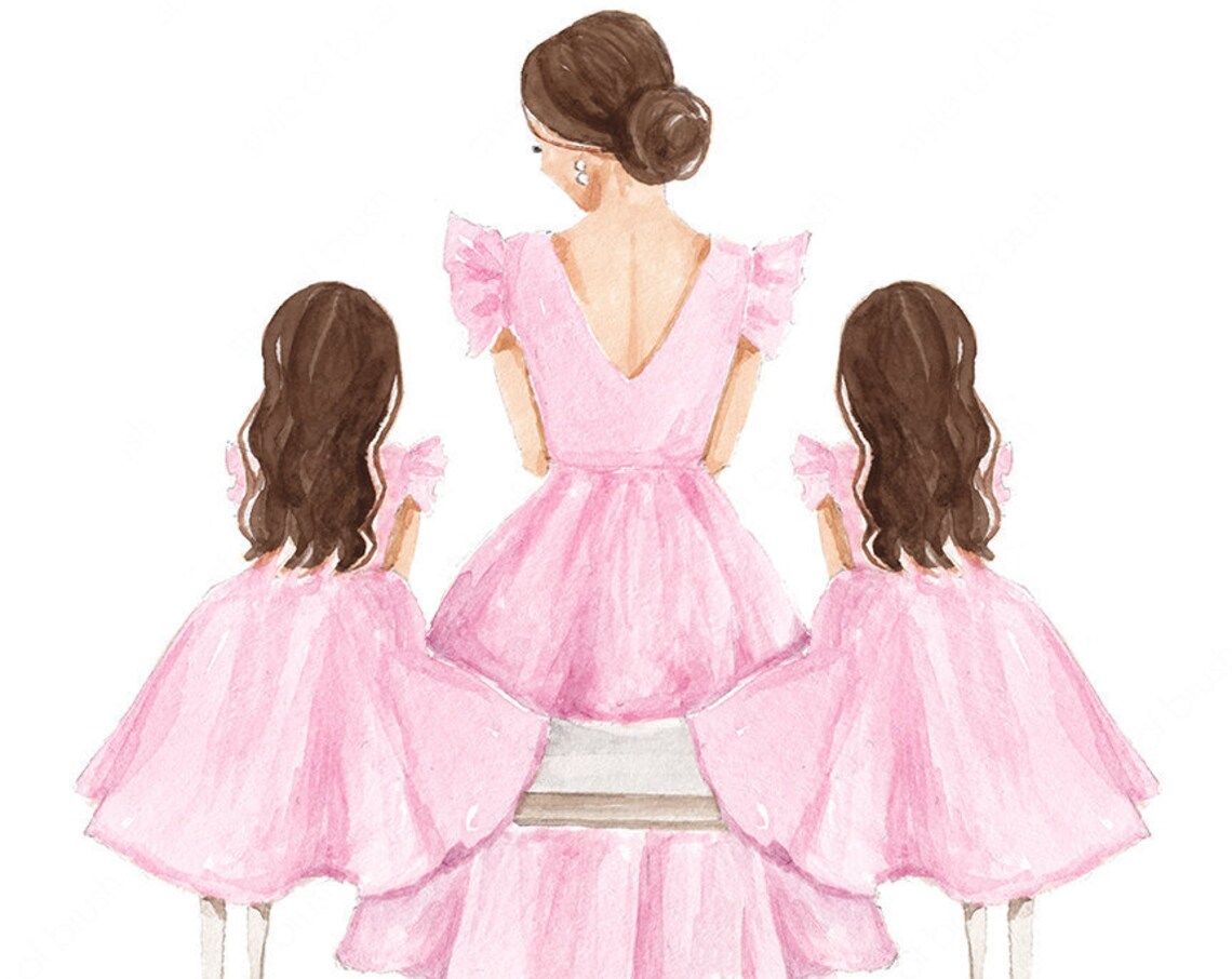 Brunette Mother with Two Daughters in Pink Dresses Fashion Poster
