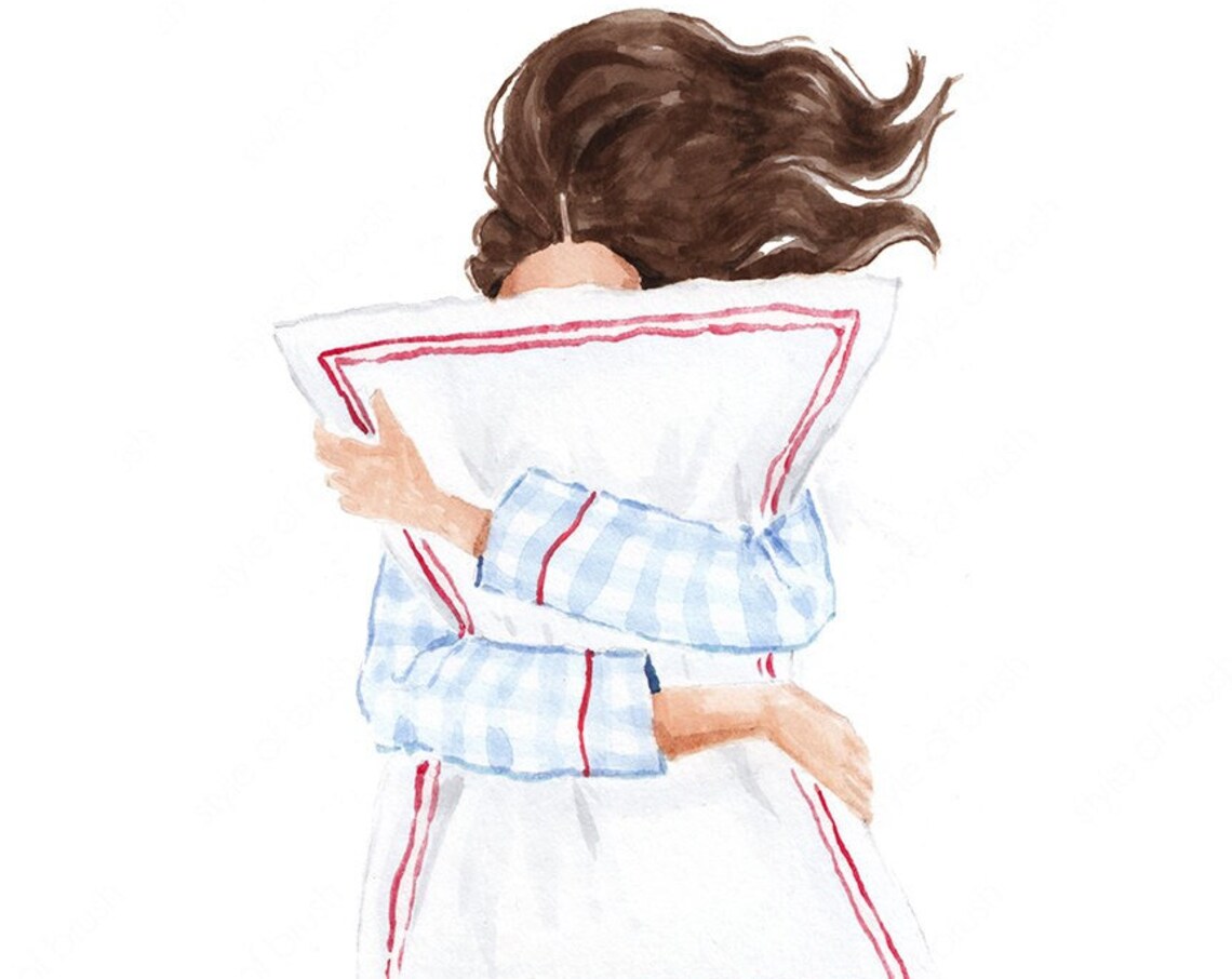 Woman Hugging Pillow in Blue Gingham Pajamas Watercolor Poster