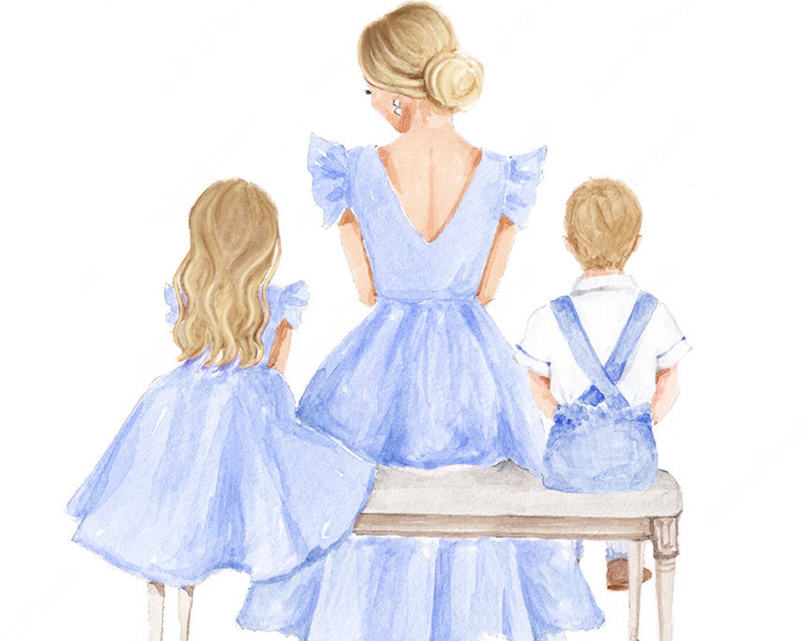 Blonde Mother with Daughter and Son in Blue Dresses Fashion Poster