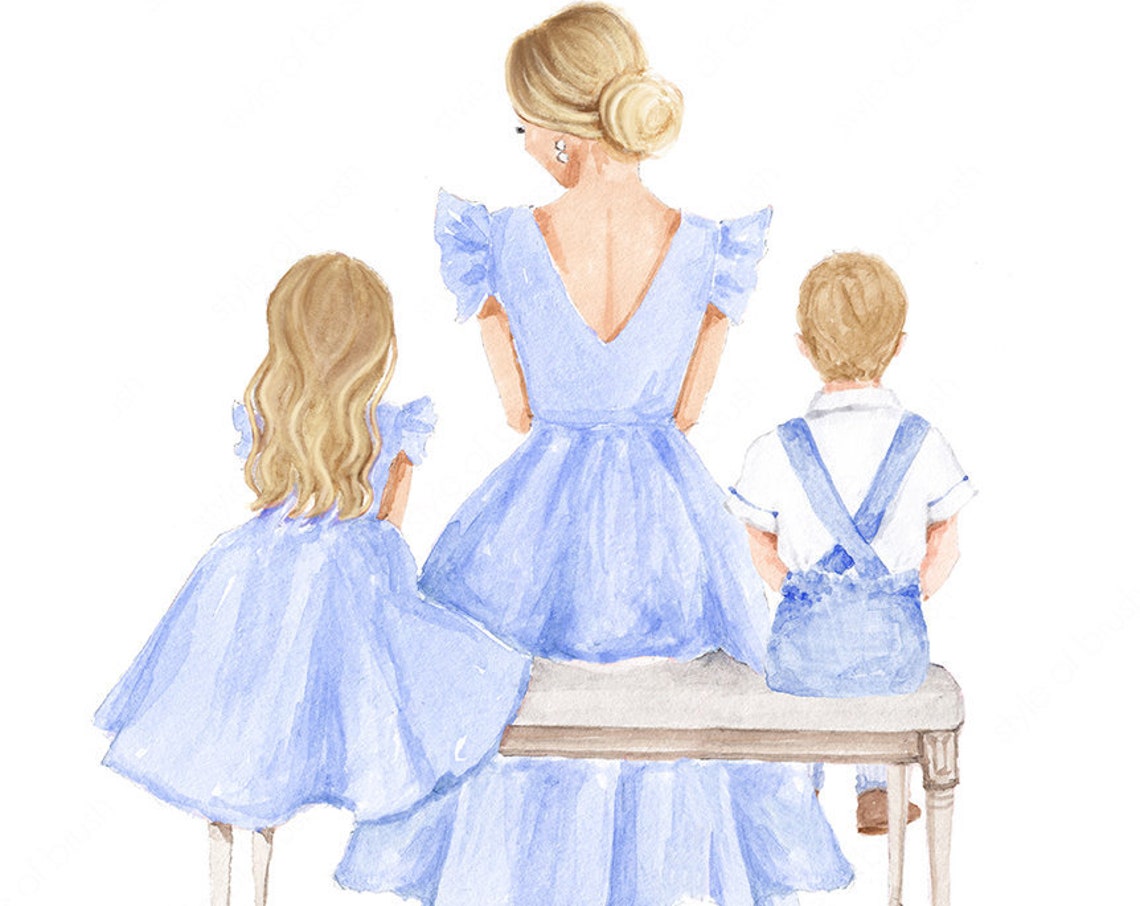 Mother Daughter Son Illustration Blonde Mommy And Me Mother And Children Print Fashion Illustration