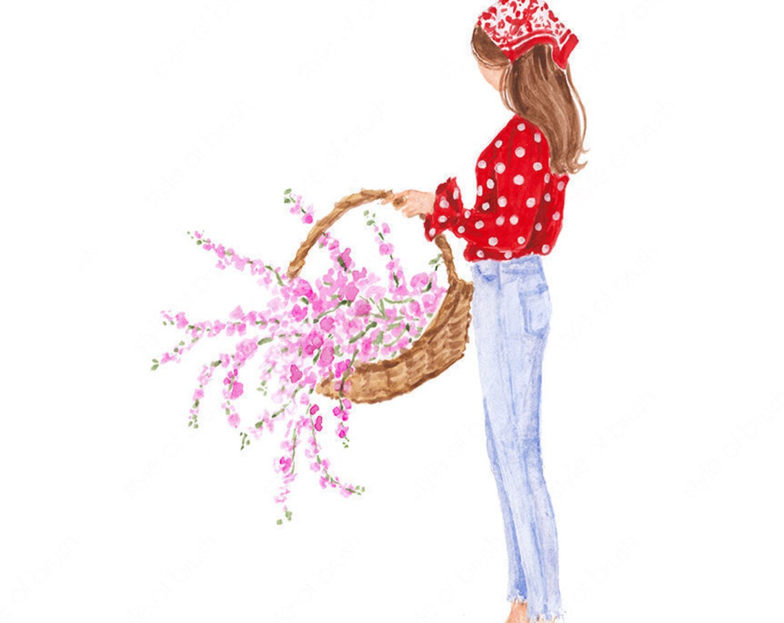 Woman in Red Polka Dot Blouse with Basket of Pink Blossoms Poster - Image 2