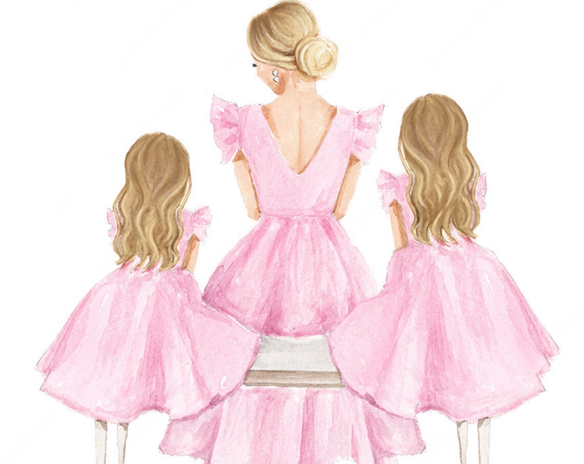 Blonde Mother with Two Daughters Pink Dresses Fashion Poster