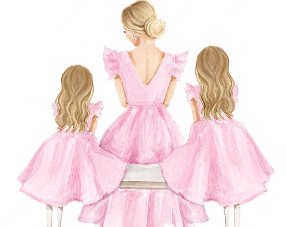 Mother And Two Daughters Illustration Blonde Mommy And Me Mother And Daughters Print Fashion Illustration