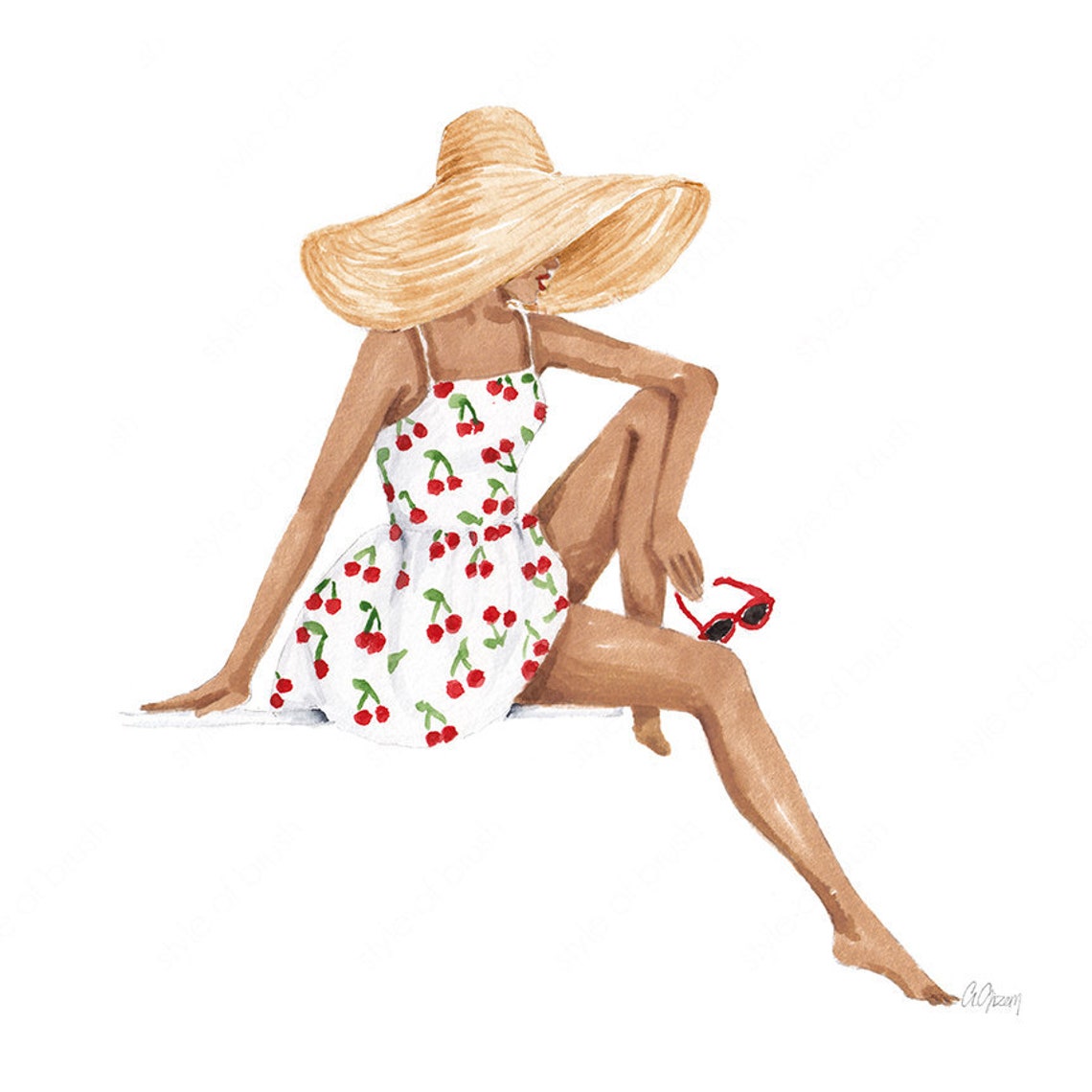 Woman in Red Cherry Sundress and Wide Straw Hat Summer Poster