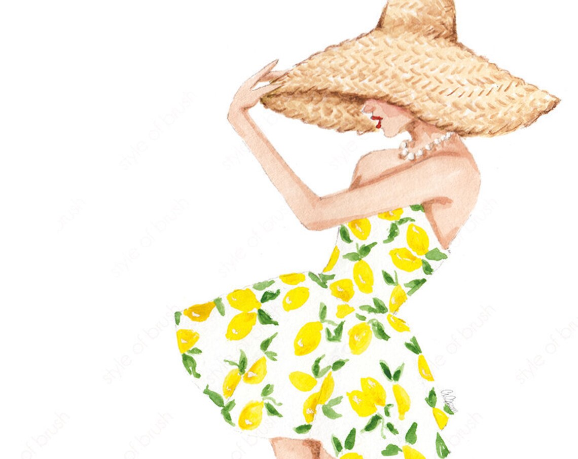 Woman in a Lemon Pattern Dress Tipping Straw Hat Summer Fashion Poster