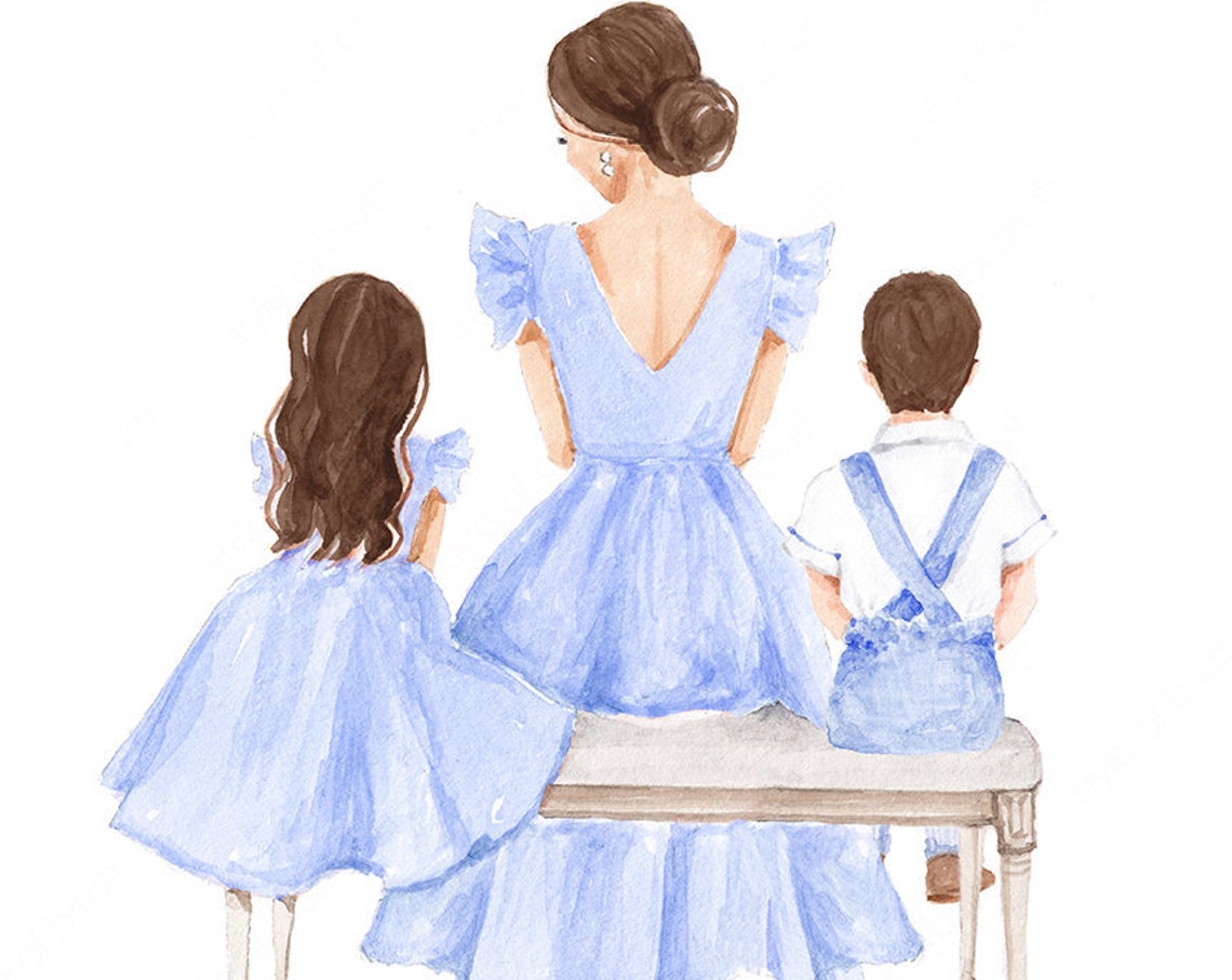 Mother Daughter and Son in Blue Outfits Sitting on a Bench Poster