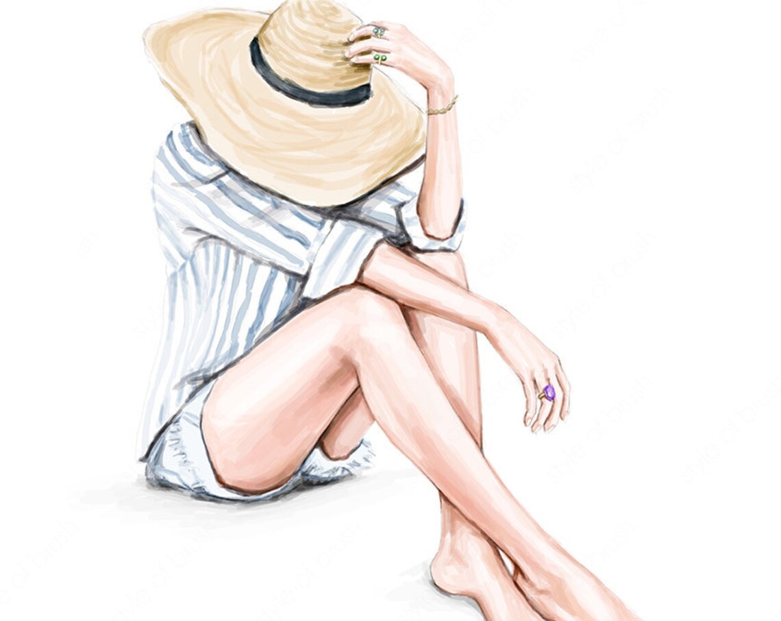 Summer Straw Hat Striped Shirt Girl Watercolor Illustration Poster