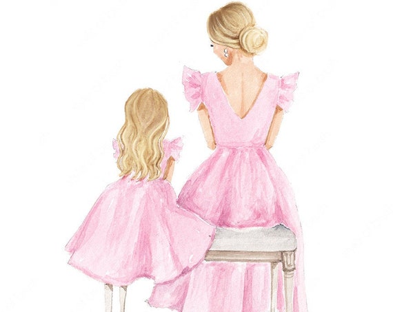 Mother Daughter Illustration Blonde Mommy And Me Mother And Daughter Print Fashion Illustration