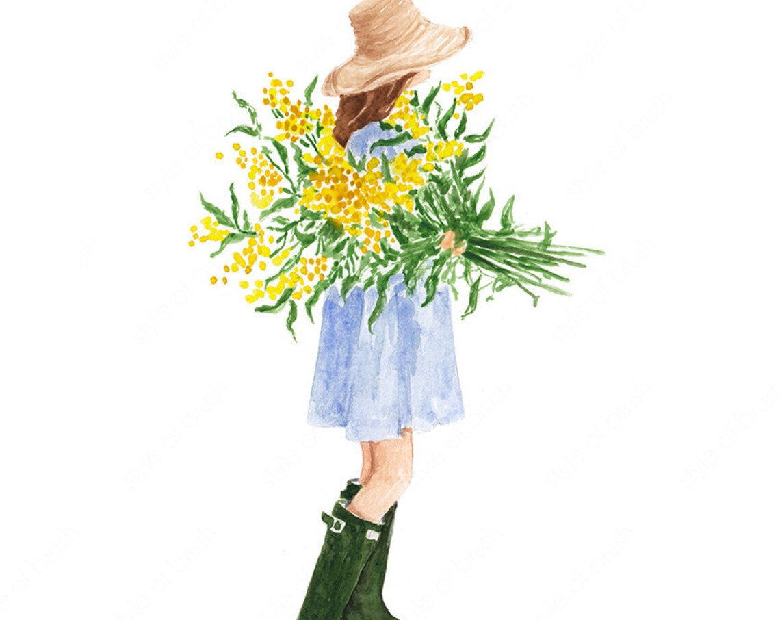 Woman in Straw Hat Holding Yellow Mimosa Bouquet Spring Poster