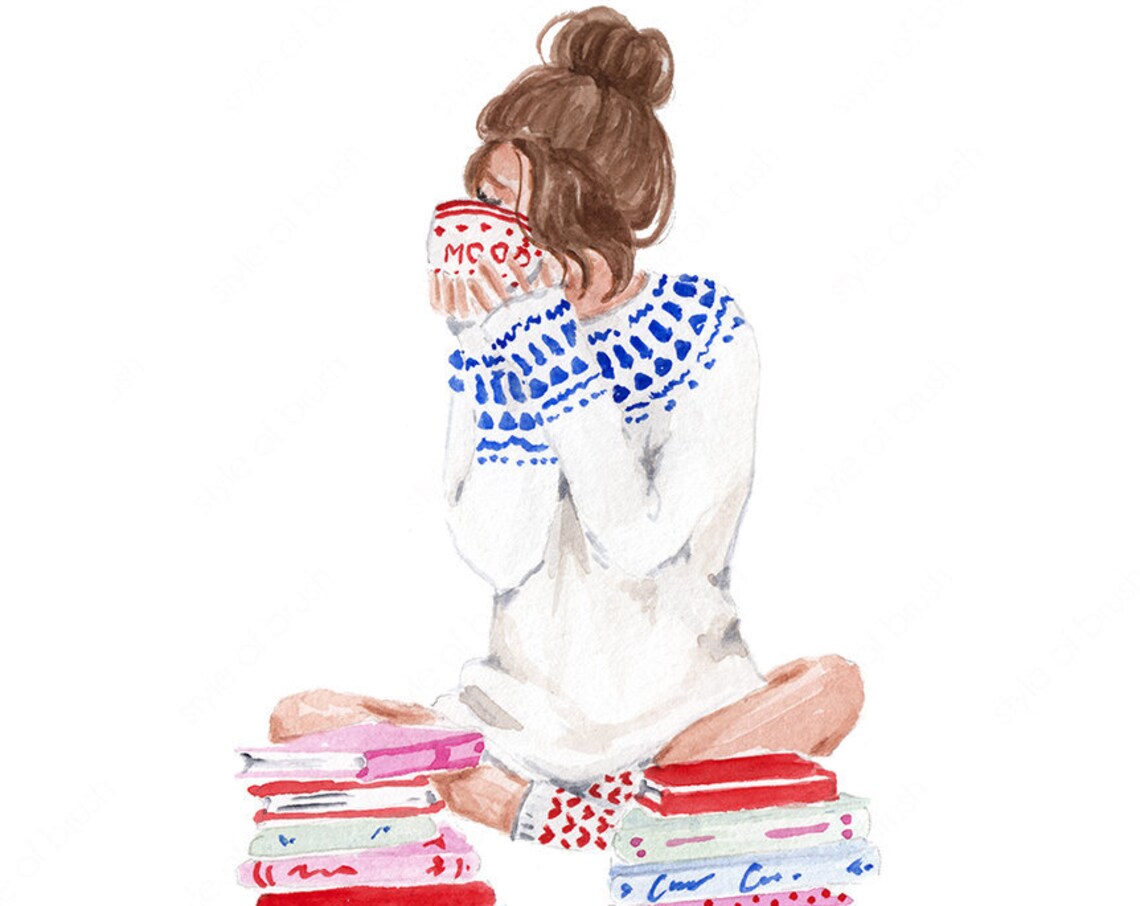 Book Lover Girl Sitting on Stacks of Books Drinking Coffee Poster