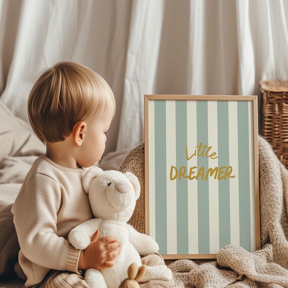 Striped Little Dreamer Nursery Wall Art Print Sage Green Playroomkids Room Decor Positive Quote Minimalist Toddler