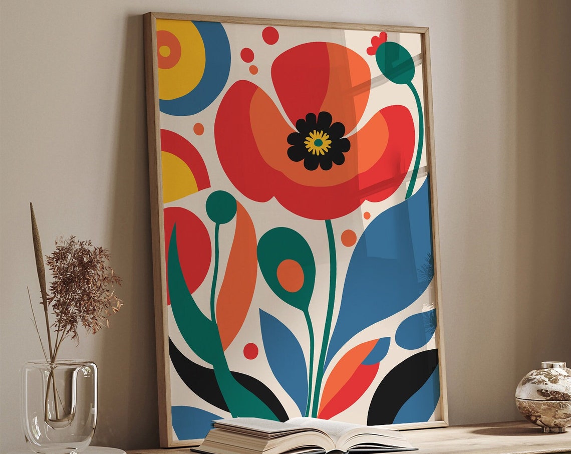 Vibrant Red Poppy Abstract Flowers Colorful Botanical Poster