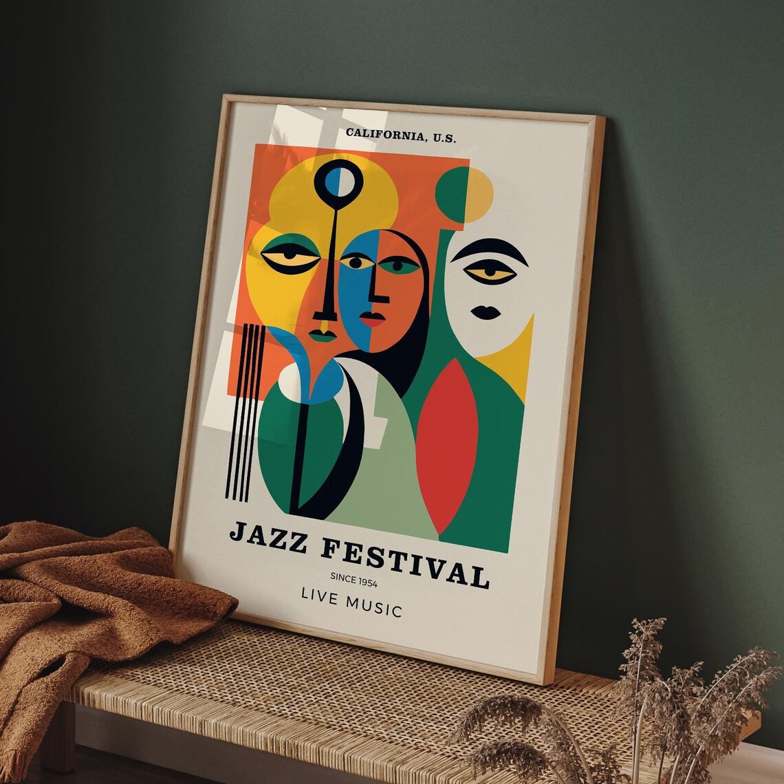 California 1954 Jazz Festival Live Music Cubist Faces Poster