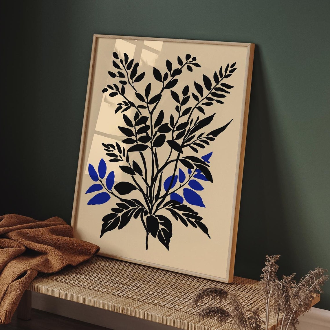 Black Blue Leaf Silhouette Minimalist Botanical Rustic Art Print - Image 6