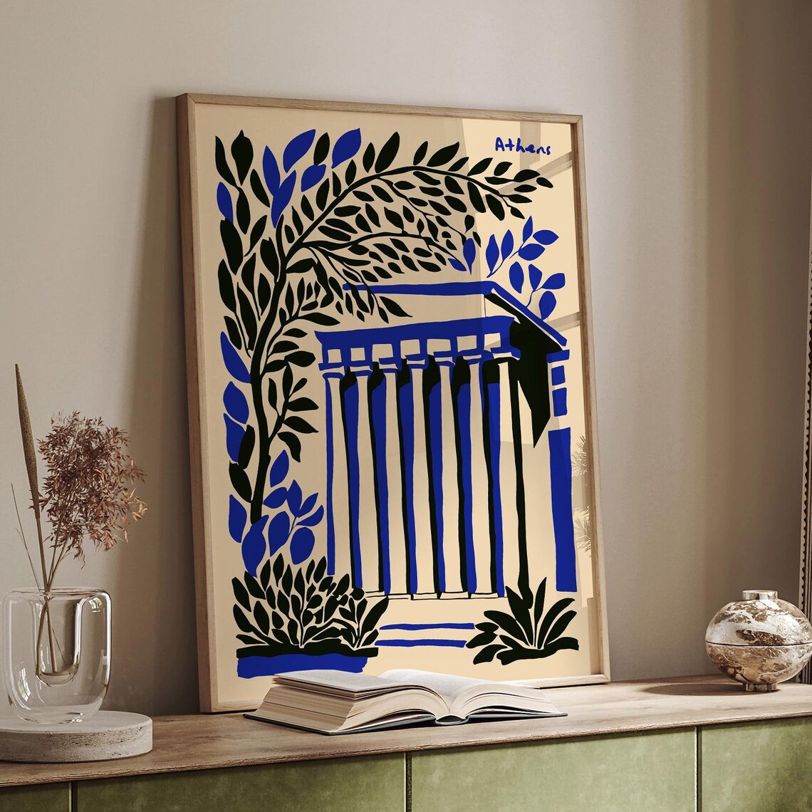 Athens Greece Blue Temple and Tree Matisse Style Travel Poster