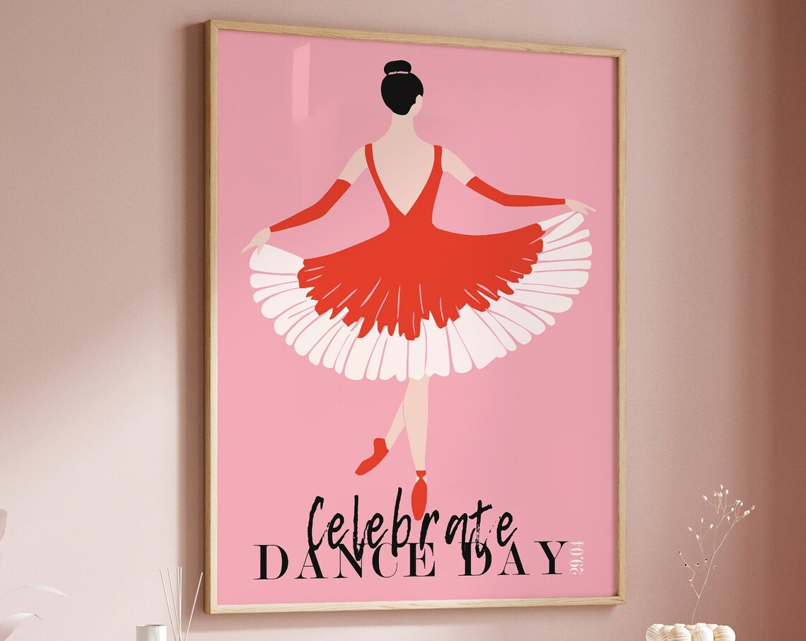 Celebrate Dance Day Red Tutu Ballerina Illustration Pink Poster - Image 6
