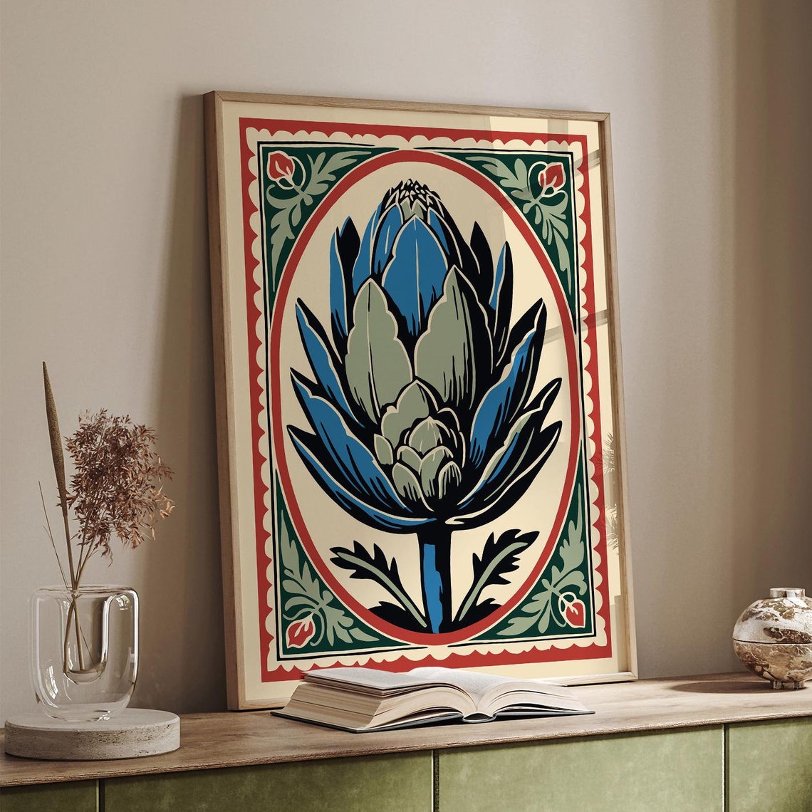 Blue Artichoke Oval Frame Red Green Folk Border Kitchen Poster