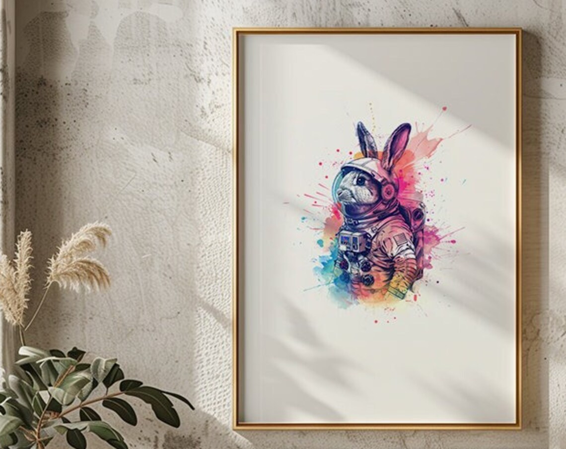 White Rabbit Astronaut Watercolor Ears Out Helmet Animal Art Poster