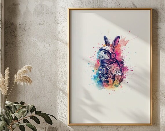 White Rabbit Astronaut Watercolor Ears Out Helmet Animal Art Poster