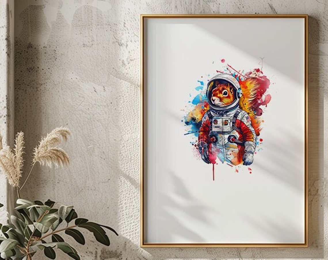 Squirrel Astronaut Watercolor Splash Space Suit Animal Art Poster