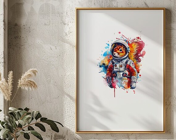 Squirrel Astronaut Watercolor Splash Space Suit Animal Art Poster