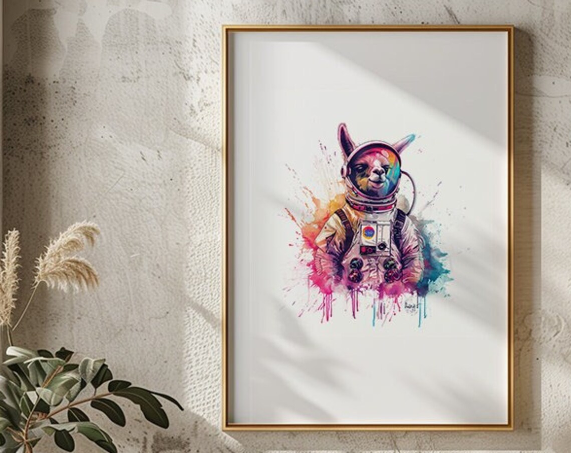 Cheerful Llama Astronaut Watercolor Space Helmet Animal Art Poster