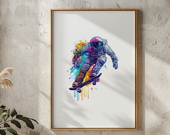 Astronaut Skateboarding In Watercolor With Neon Paint Drips Poster