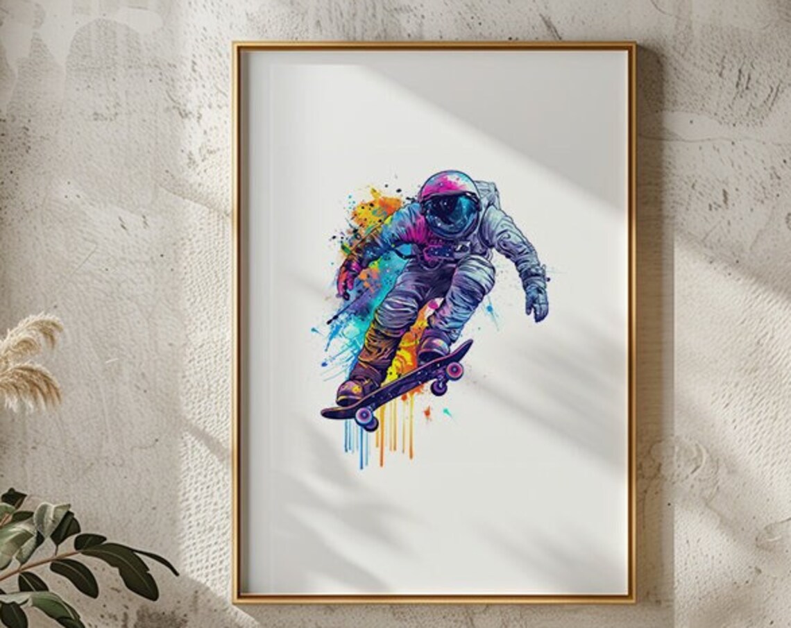 Astronaut Skateboarding In Watercolor With Neon Paint Drips Poster