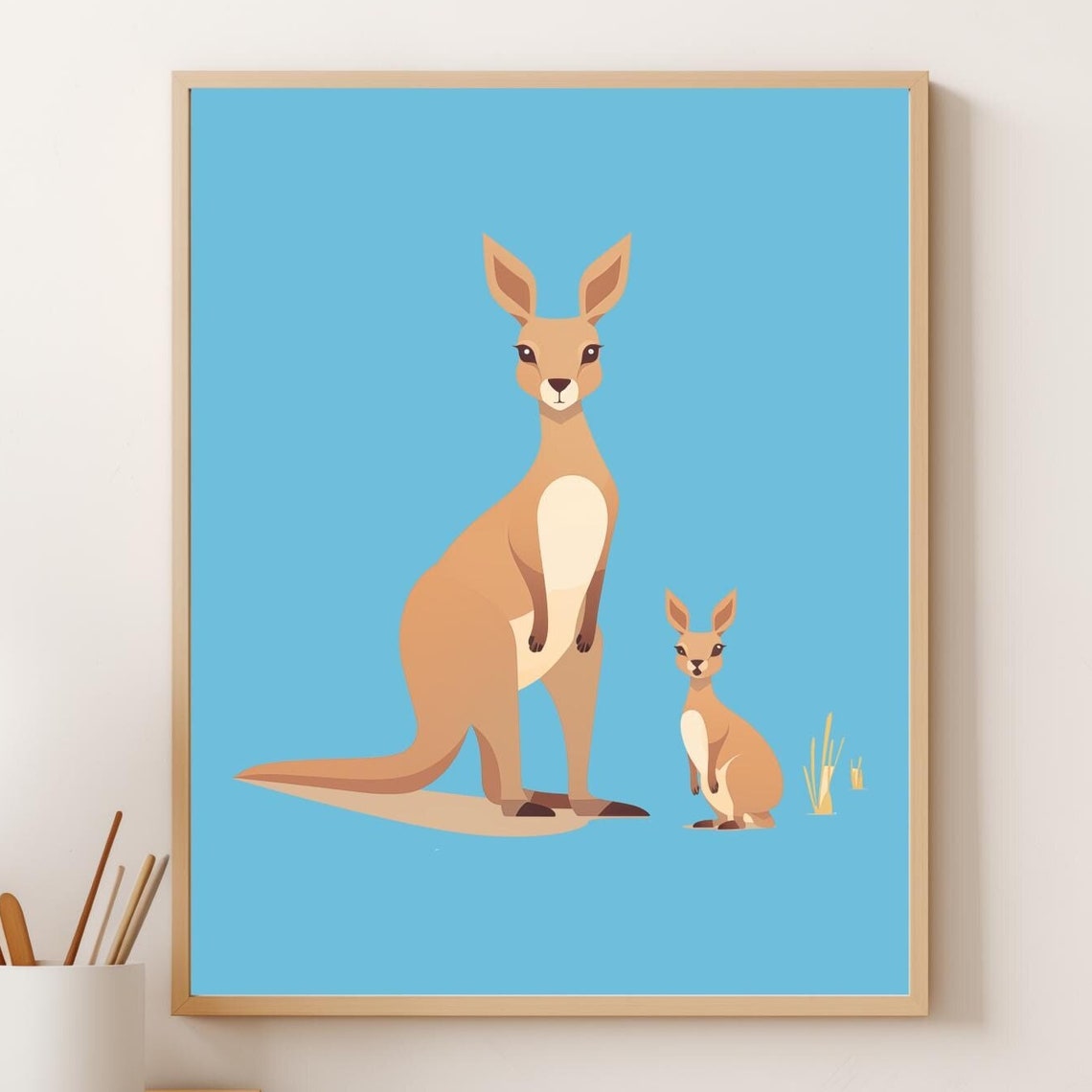 Mommy And Baby Kangaroo With Joey Light Blue Nursery Wall Art