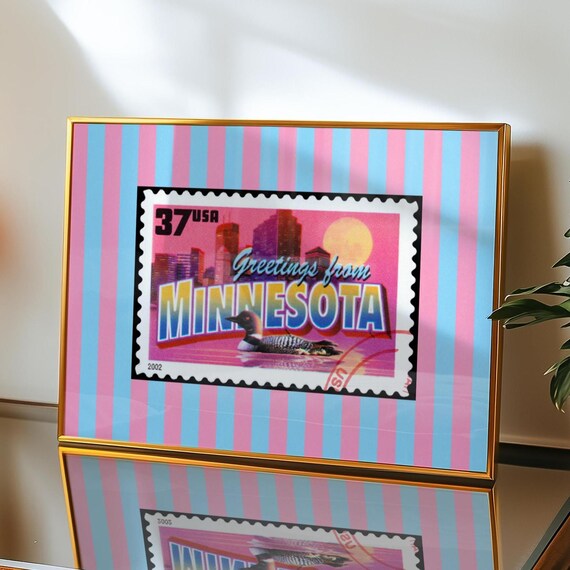 Greetings from Minnesota Postage Stamp Loon Pink Stripes Wall Art