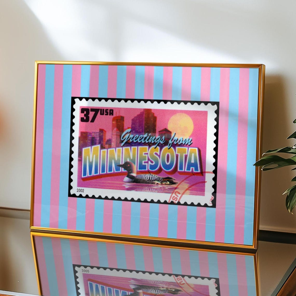 Greetings from Minnesota Postage Stamp Loon Pink Stripes Wall Art