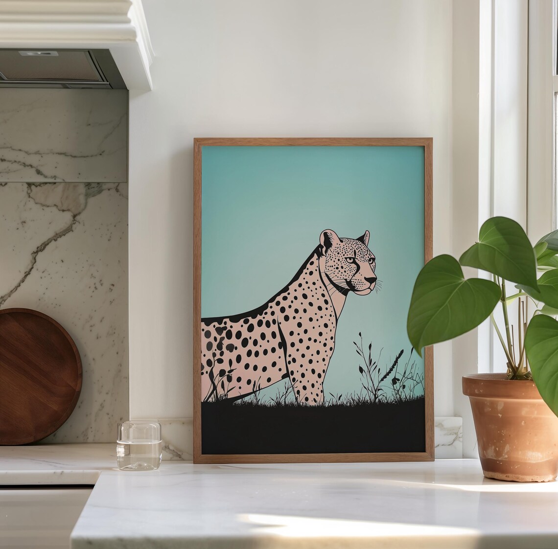 Minimalist Line Art Cheetah Walking Under a Teal Gradient Sky Wall Print - Image 3
