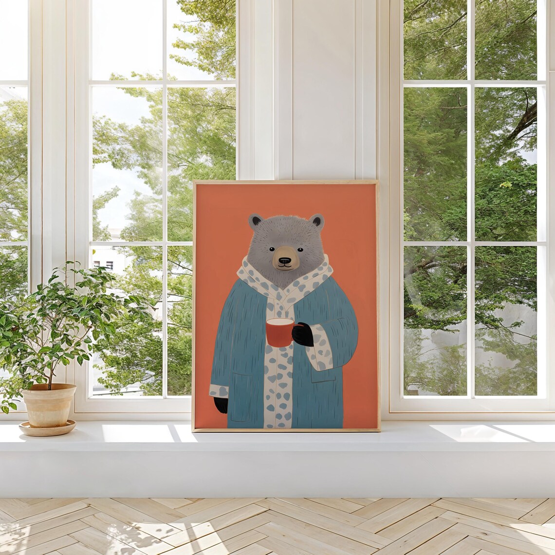 Cozy Cartoon Bear in Bathrobe Holding Morning Coffee Cup Retro Art Print - Image 3