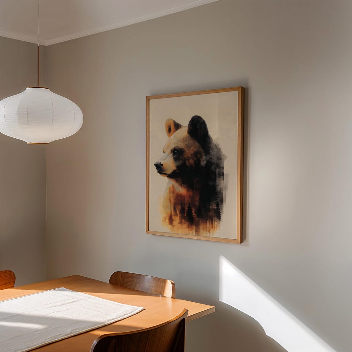 Watercolor Bear Head Double Exposure With Autumn Pine Forest Wall Art - Image 3