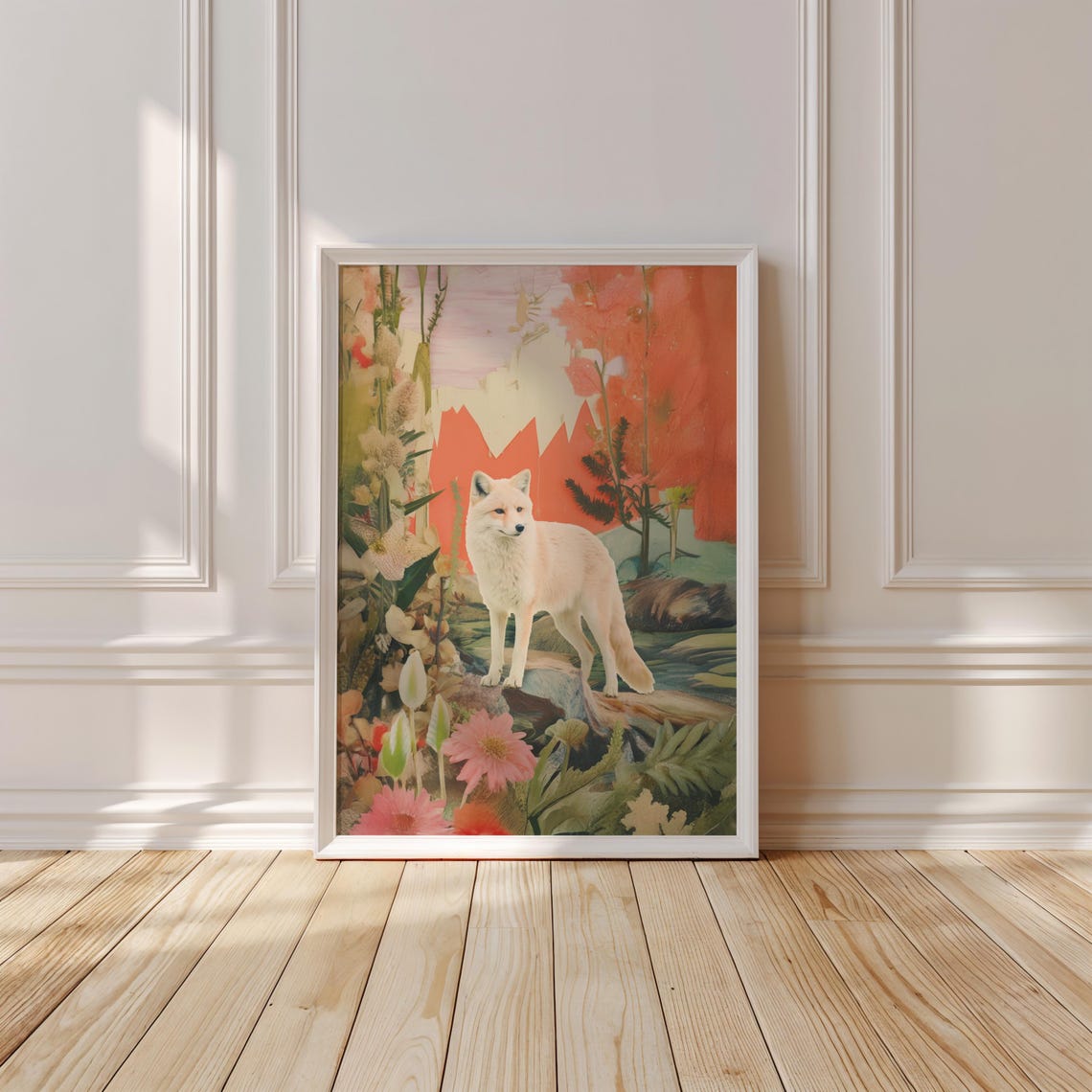 White Arctic Fox Among Wildflowers at a Sunset Mountain Meadow Poster
