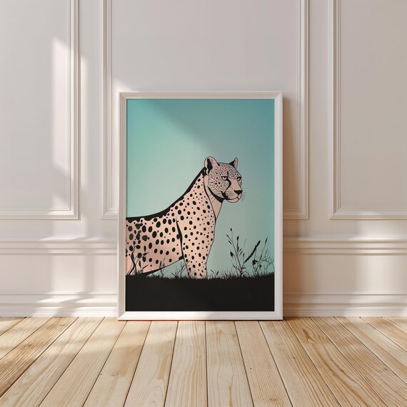 Minimalist Line Art Cheetah Walking Under a Teal Gradient Sky Wall Print