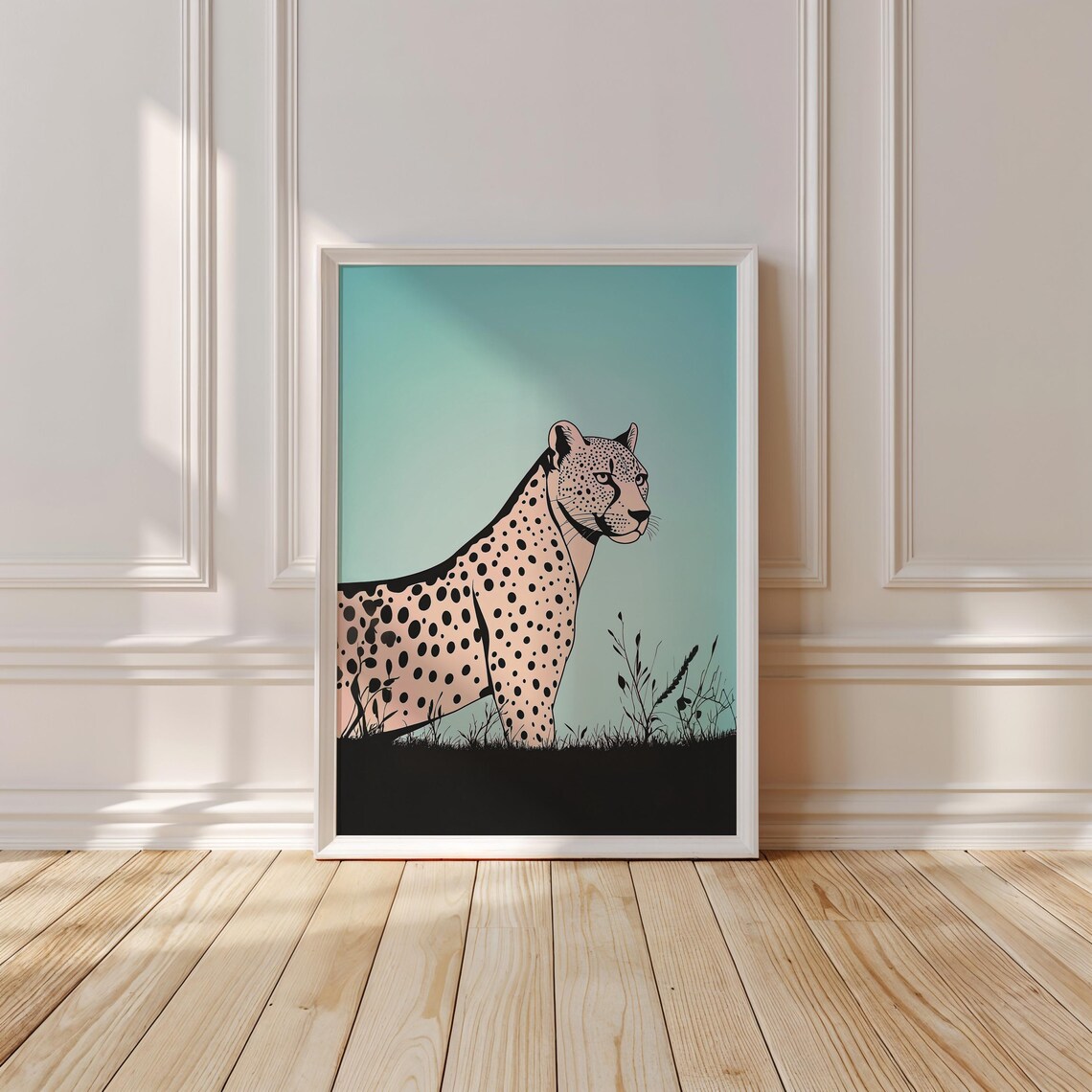 Minimalist Line Art Cheetah Walking Under a Teal Gradient Sky Wall Print