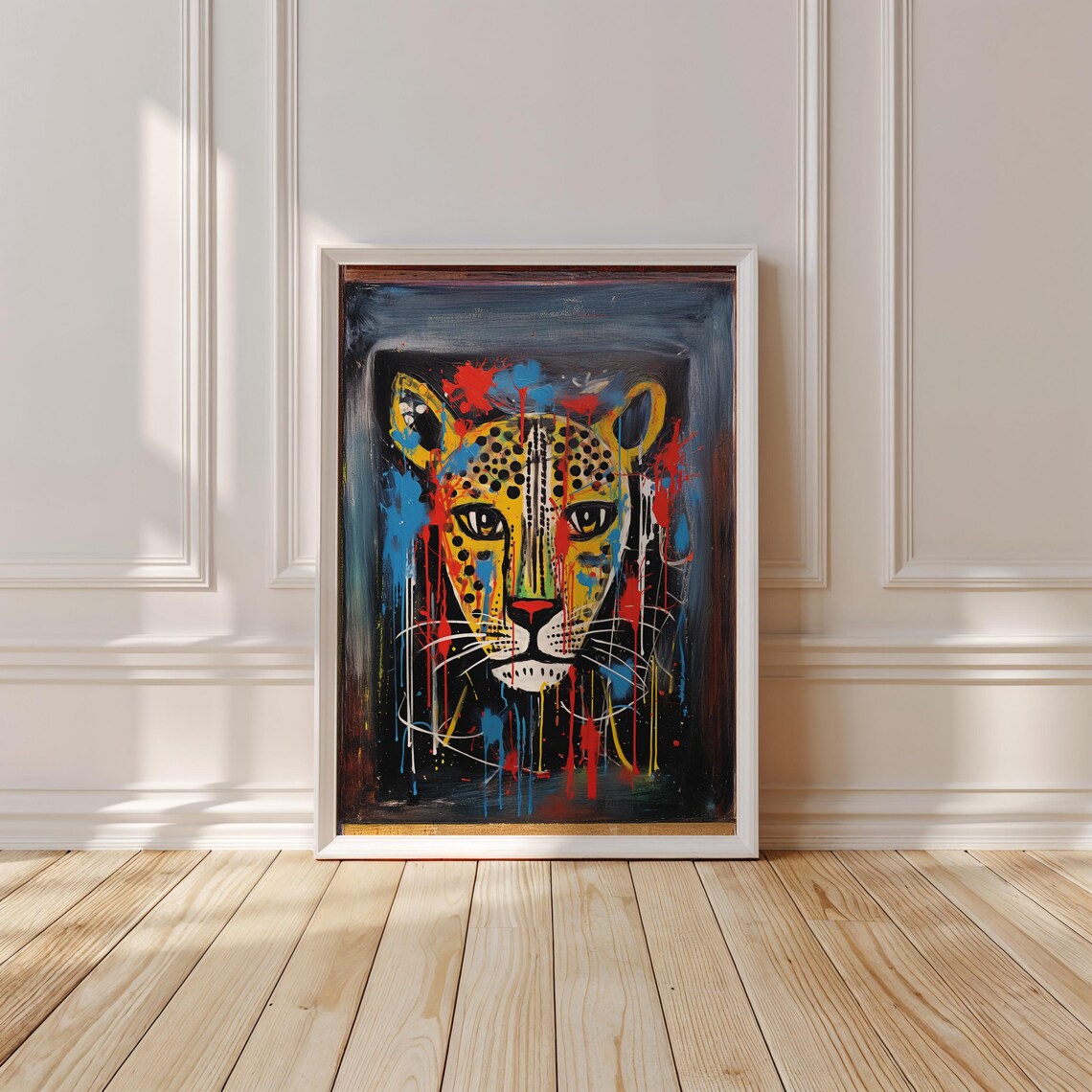 Leopard Face Street Art With Vivid Paint Drips on Dark Edgy Art Print