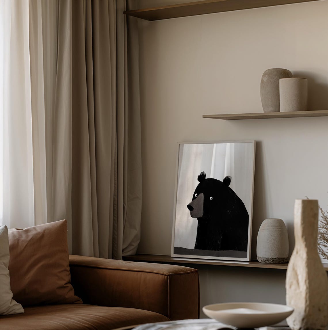 Minimalist Black Ink Bear in Profile Scandinavian Style Nursery Poster - Image 2