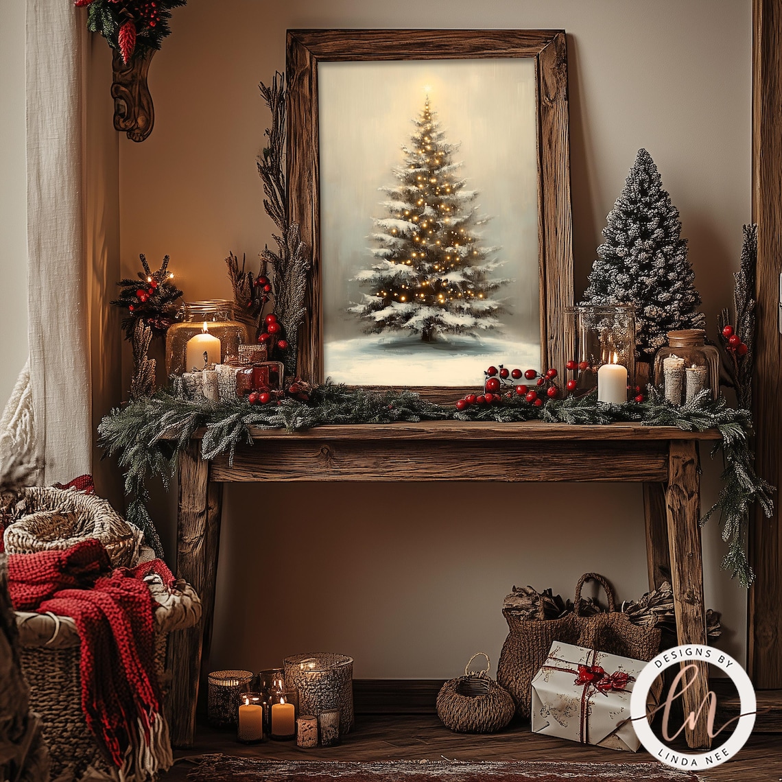 Vintage Christmas Tree Art Print, Cottagecore Farmhouse - Image 3