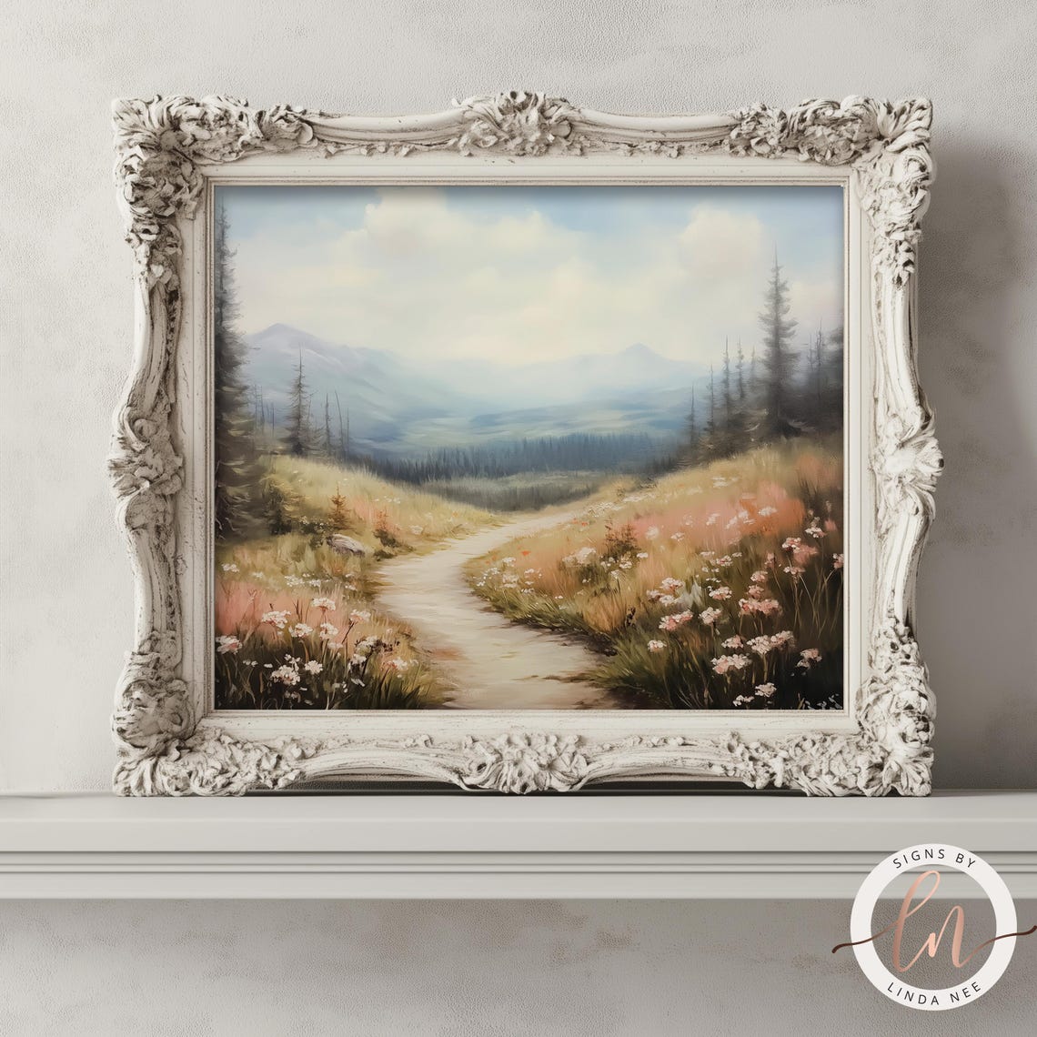 Mountain Meadow Wildflower Path Misty Peaks Rustic Landscape Poster - Image 4