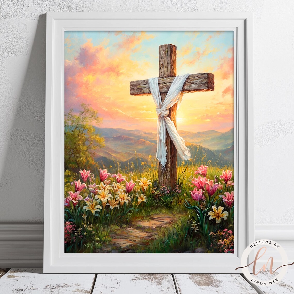 He Is Risen Cross on Mountain, Easter Art Print - Image 2