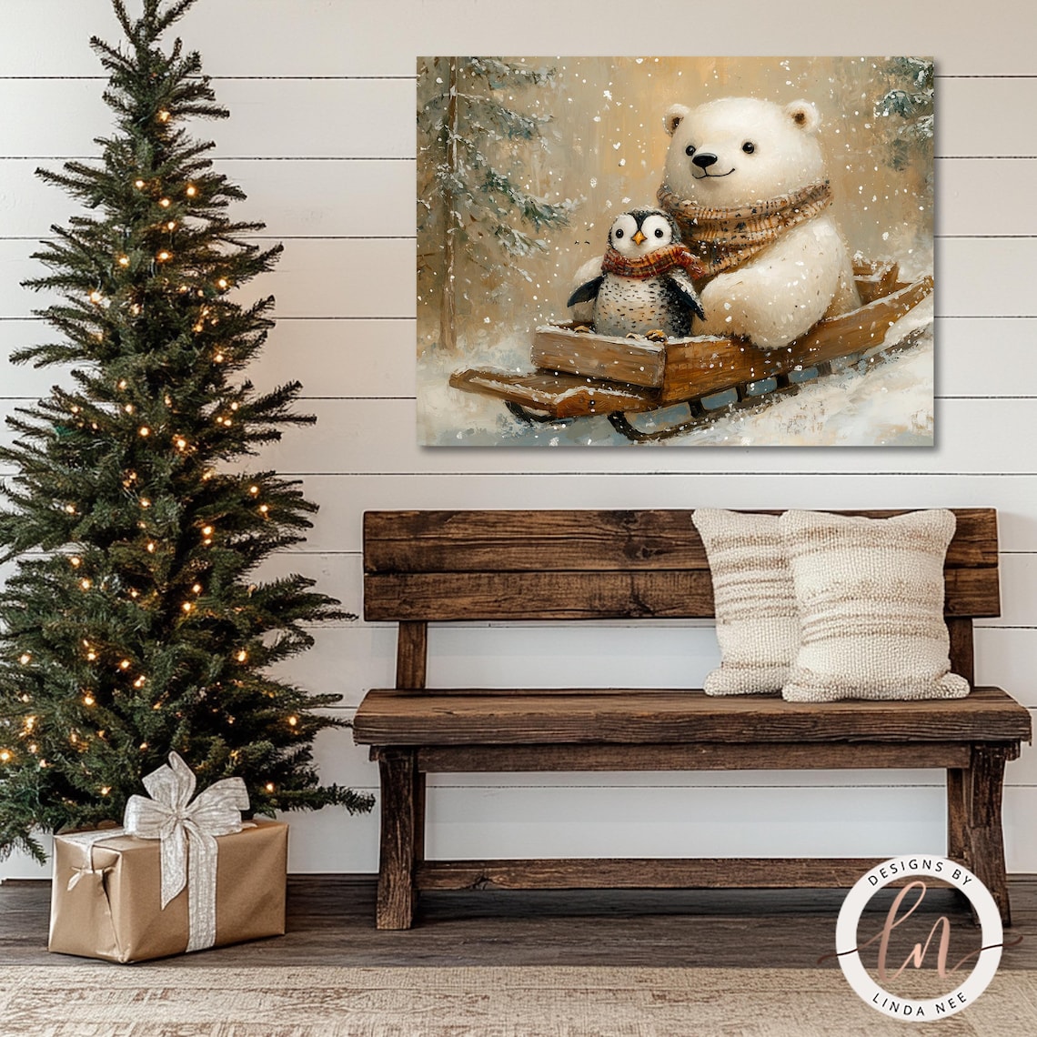 Polar Bear and Penguin Christmas Art Print, Vintage Farmhouse - Image 3