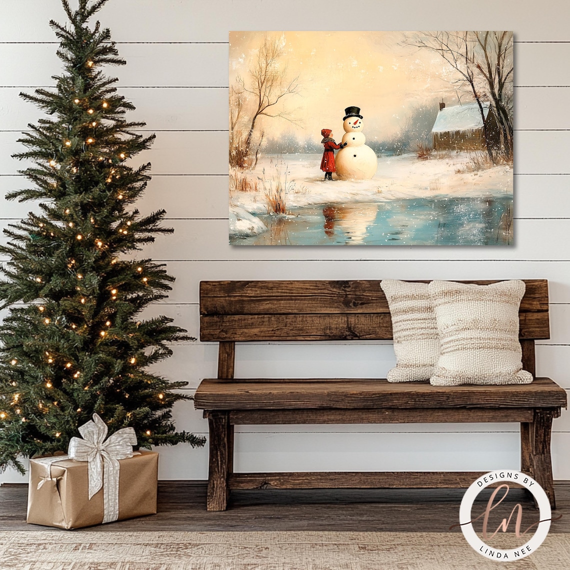 Vintage Winter Snowman Rustic Landscape Art Print - Image 2