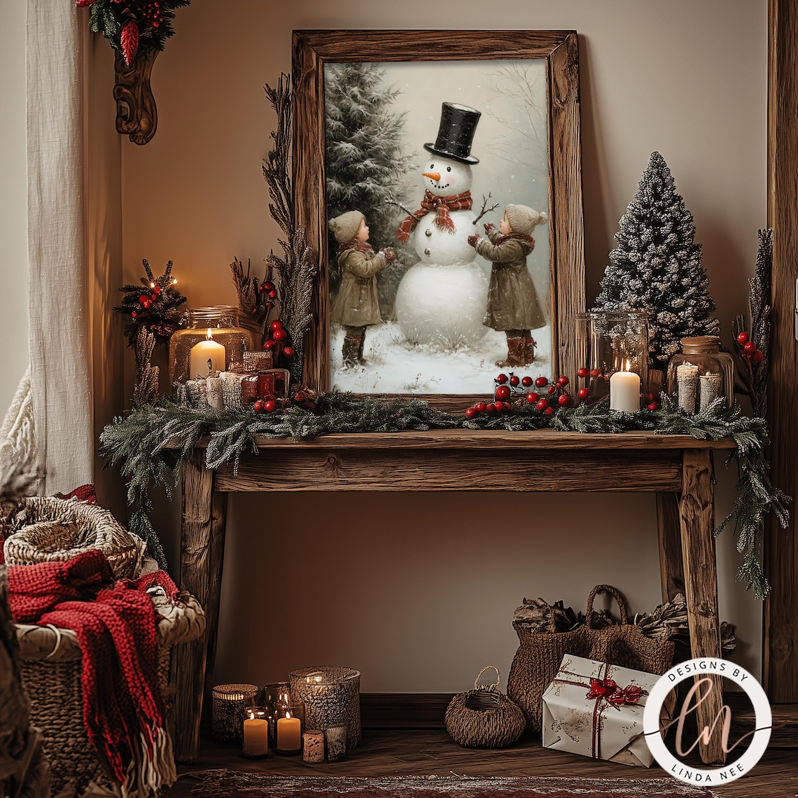Vintage Snowman Christmas Art Print, Farmhouse Winter - Image 2