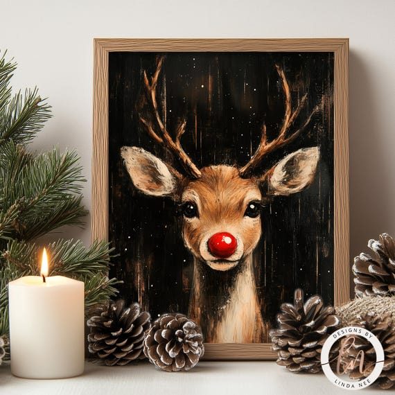 Red Nosed Reindeer Vintage Christmas Art Print