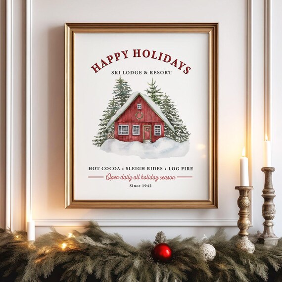 Happy Holidays Ski Lodge Watercolor Cabin Christmas Season Poster