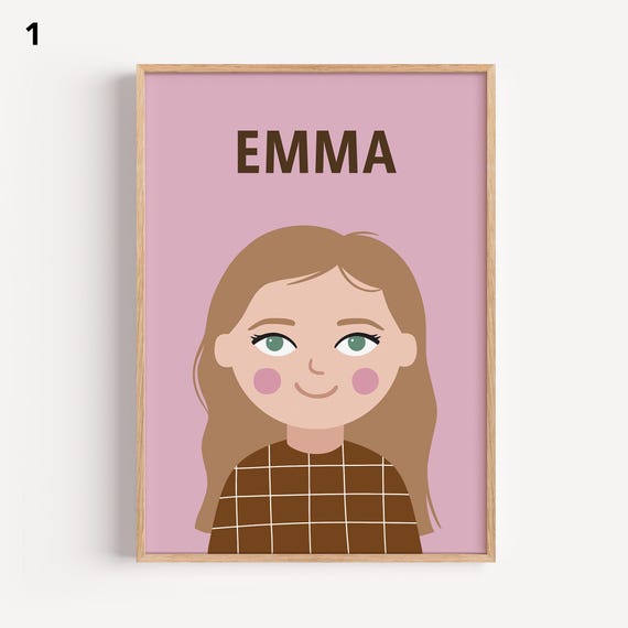 Personalized Portrait Girl Dark Blonde Hair Illustration Wall Art Poster For Kids Nursery Playroom Birthday Gift